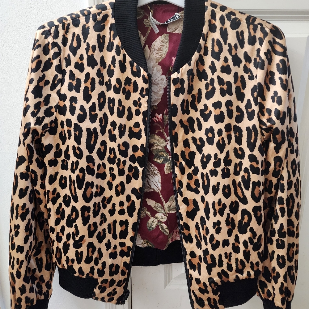 Alice + olivia Reversible Blouson Flower Pattern/Leopard Pattern Bomber Jacket - Picture 3 of 10